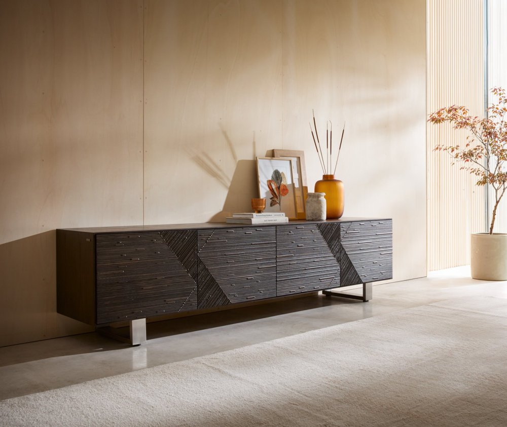 TV stolík Tereos 220 cm jaseň tmavohnedá 3D efekt 4 dvierka tenká