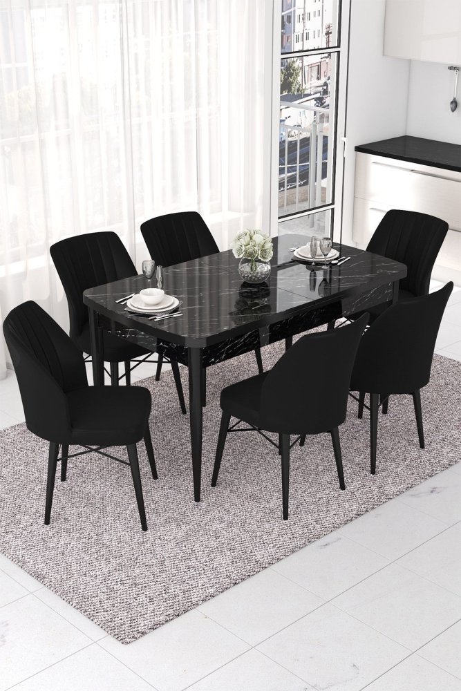 Extendable Dining Table & Chairs Set (7 Pieces) Nef - Black Marble, Black