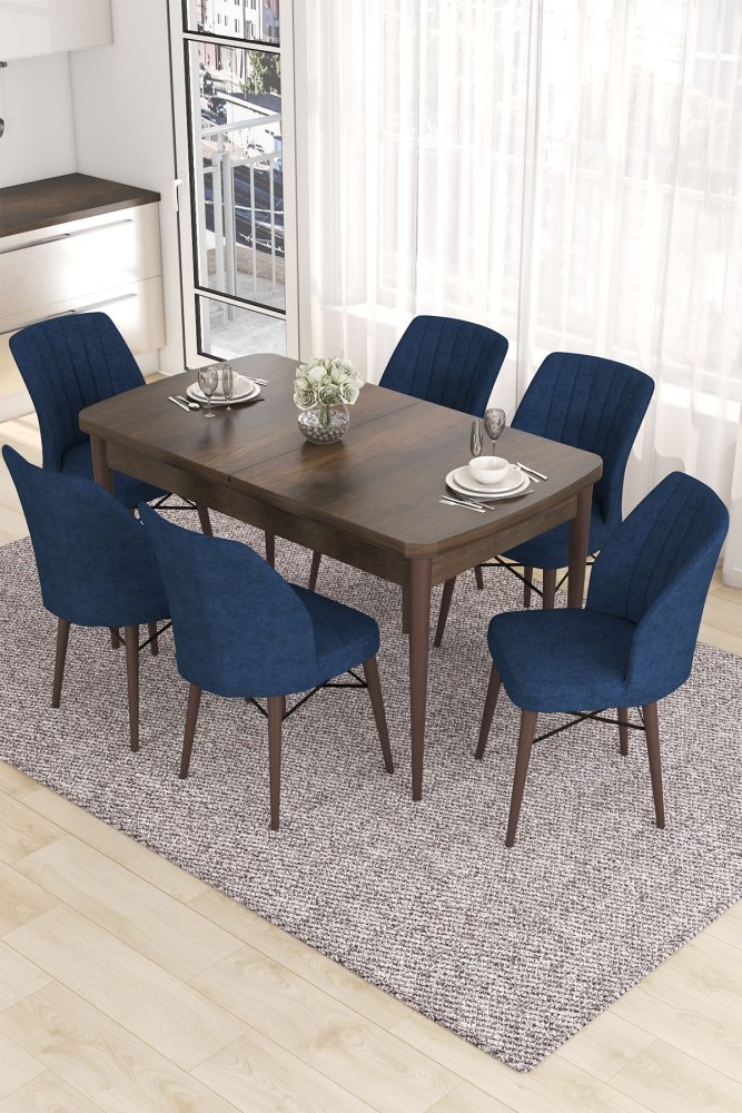 Extendable Dining Table & Chairs Set (7 Pieces) Eva - Baroque, Navy Blue