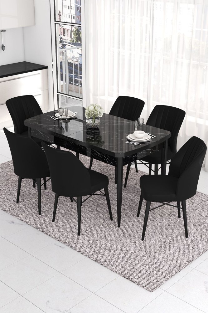 Extendable Dining Table & Chairs Set (7 Pieces) Eva - Black Marble, Black