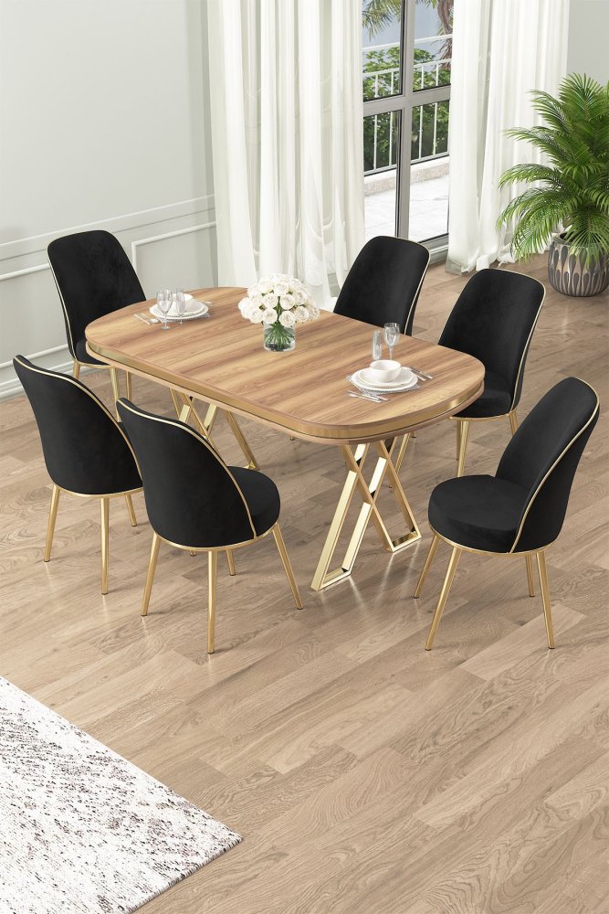 Dining Table & Chairs Set (7 Pieces) Lai - Light Walnut, Gold, Black