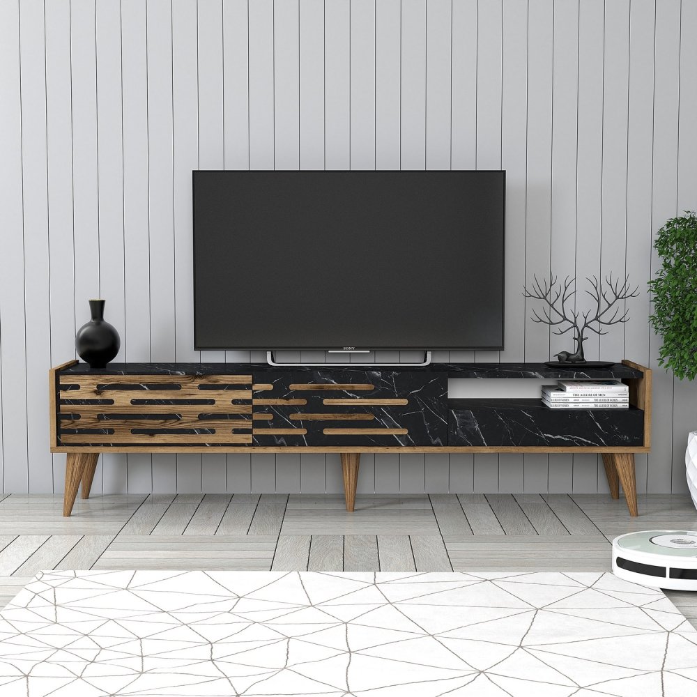 TV stolík Valensiya - Walnut, Black, Marble