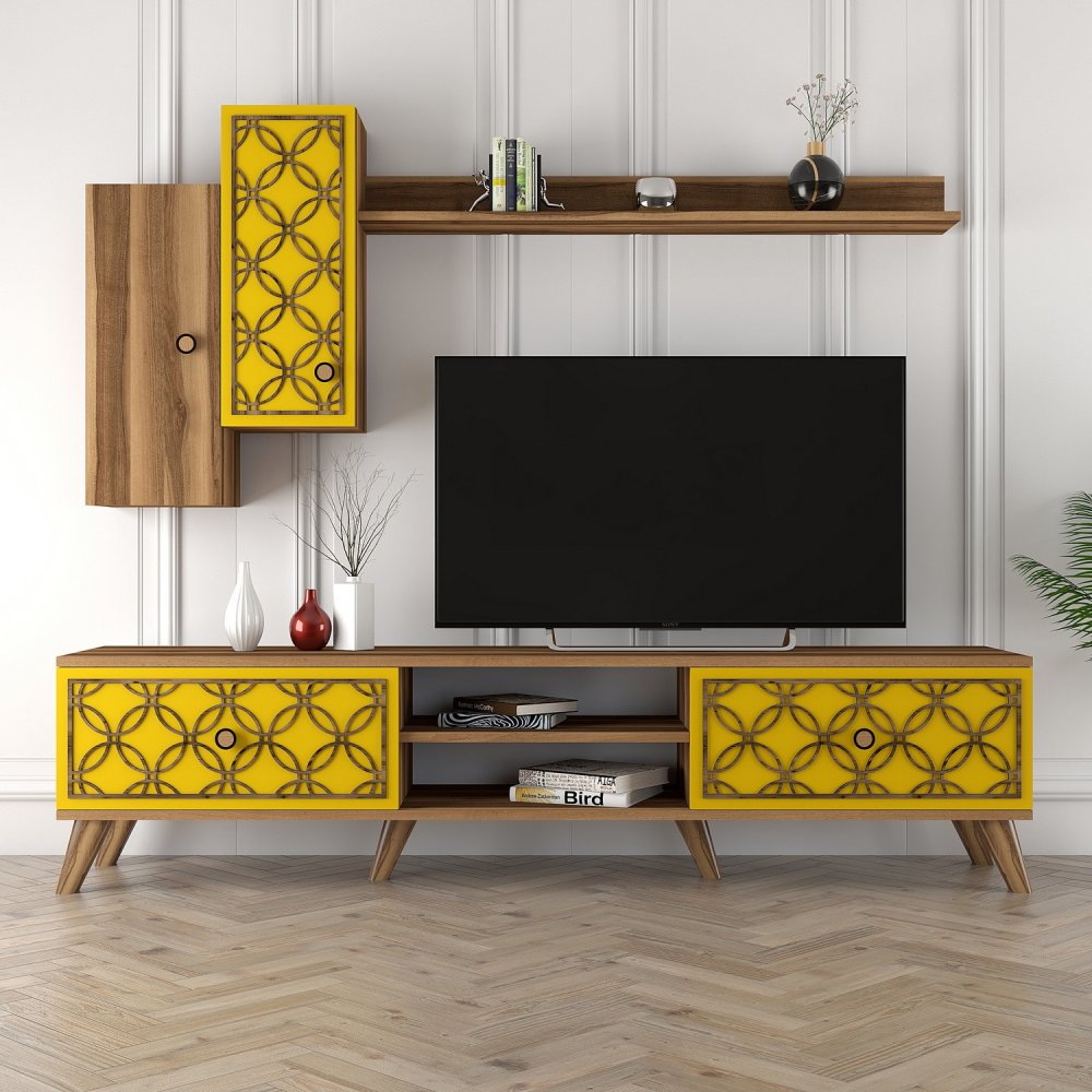 TV stěna / Sestava pod TV Class S - Walnut, Yellow (obrázek 6)