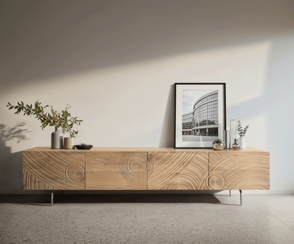 TV stolek Ashara 220 cm dub přírodní 3D efekt 4 dvířka podnož ve tvaru