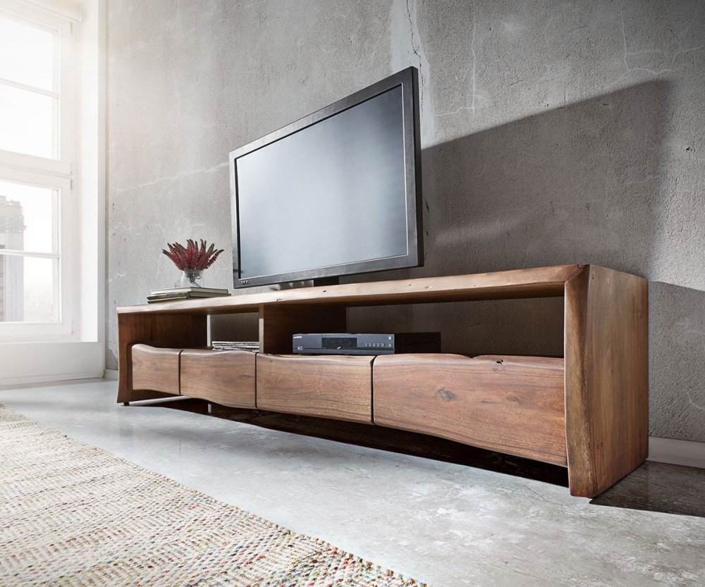 TV stolík Live Edge 230 cm akáciová hnedá 4 zásuvky