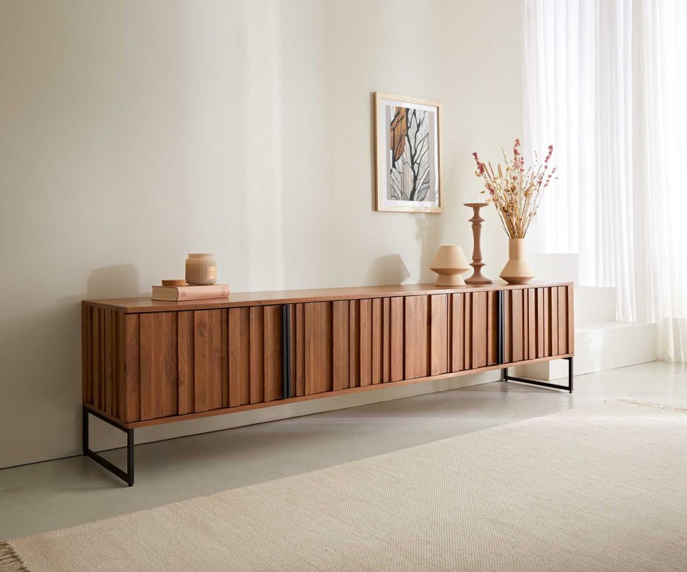 TV stolík Sivela 200 cm mango hnedý kov čierny 4 dvierka