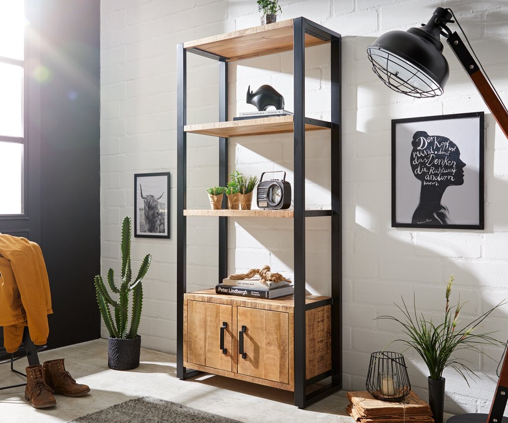 Regál Crompton 80x185 cm prírodné mango 3 priehradky 2 dvierka kov