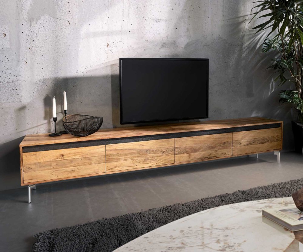 TV stolík Stonegrace 240 cm prírodná akácia 4 dvierka podstavec oválny