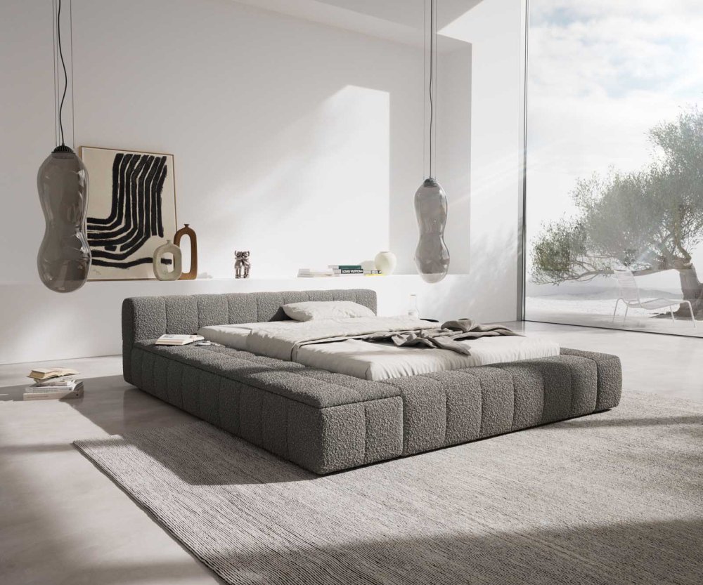 Čalúnená posteľ Espazio 140x200 cm bouclé strieborno sivá s úložným