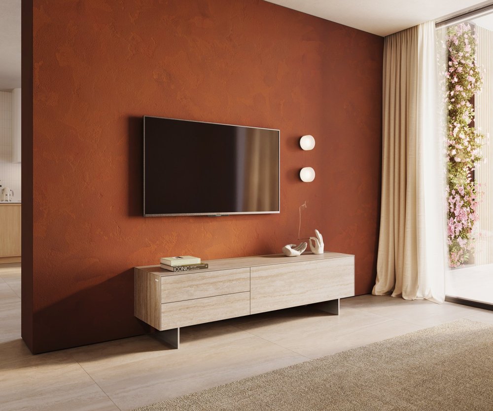 TV stolík Cuor 180 cm keramika Laminam® Travertino Bianco krémovo