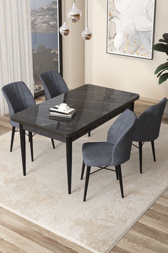 Dining Table & Chairs Set (5 Pieces) Arp - Black Marble, Fume