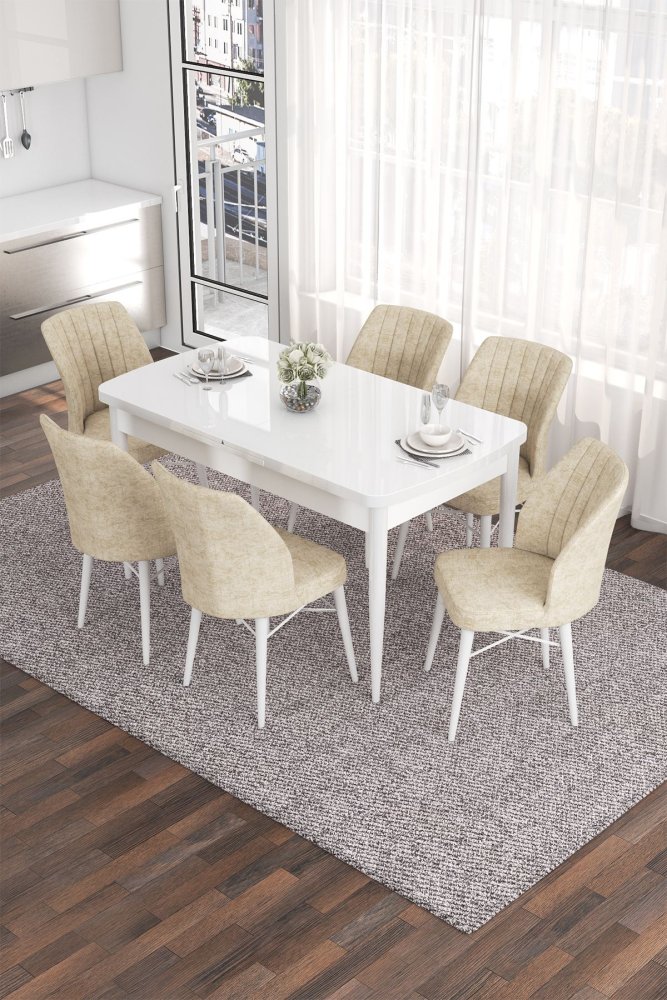 Extendable Dining Table & Chairs Set (7 Pieces) Eva - White, Cream