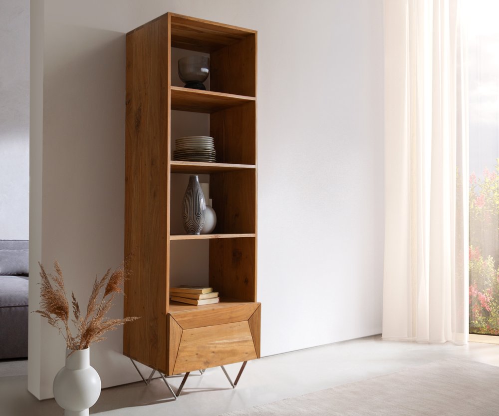 Skříň Kayu 55x180 cm přírodní akácie knihovna 1 dvířka podnož