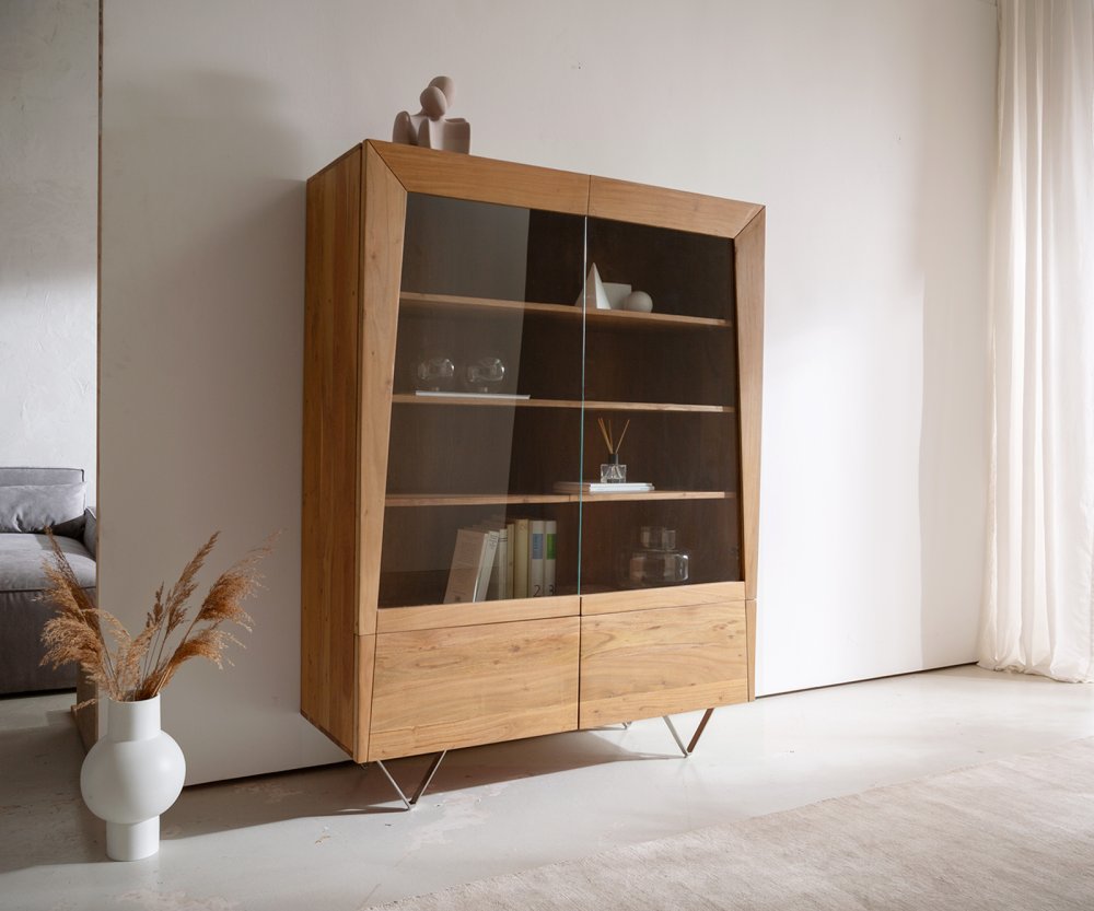 Skriňa Kayu 115x150 cm prírodná akácia 2 sklenené dvierka 2 drevené