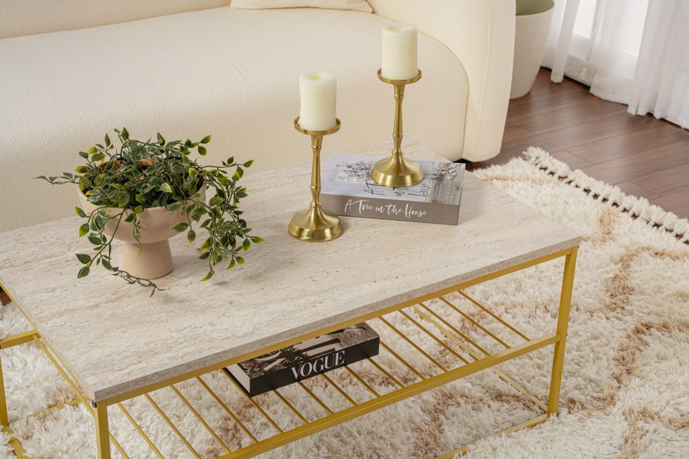 Konferenčný stolík Asude - Gold, Travertine