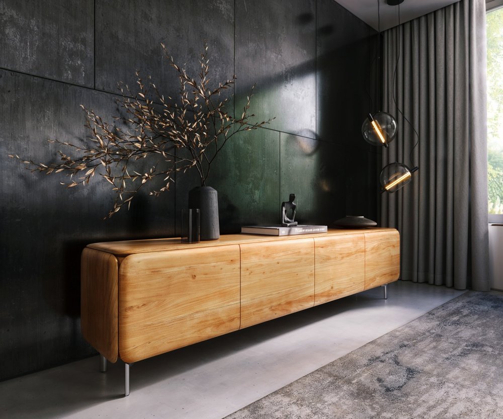 TV stolek Shavani 220 cm akácie přírodní 4 dvířka noha oválná