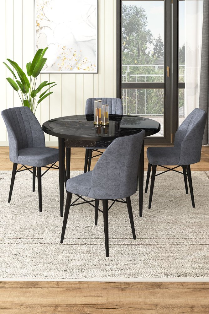 Dining Table & Chairs Set (5 Pieces) Rox - Black Marble, Fume