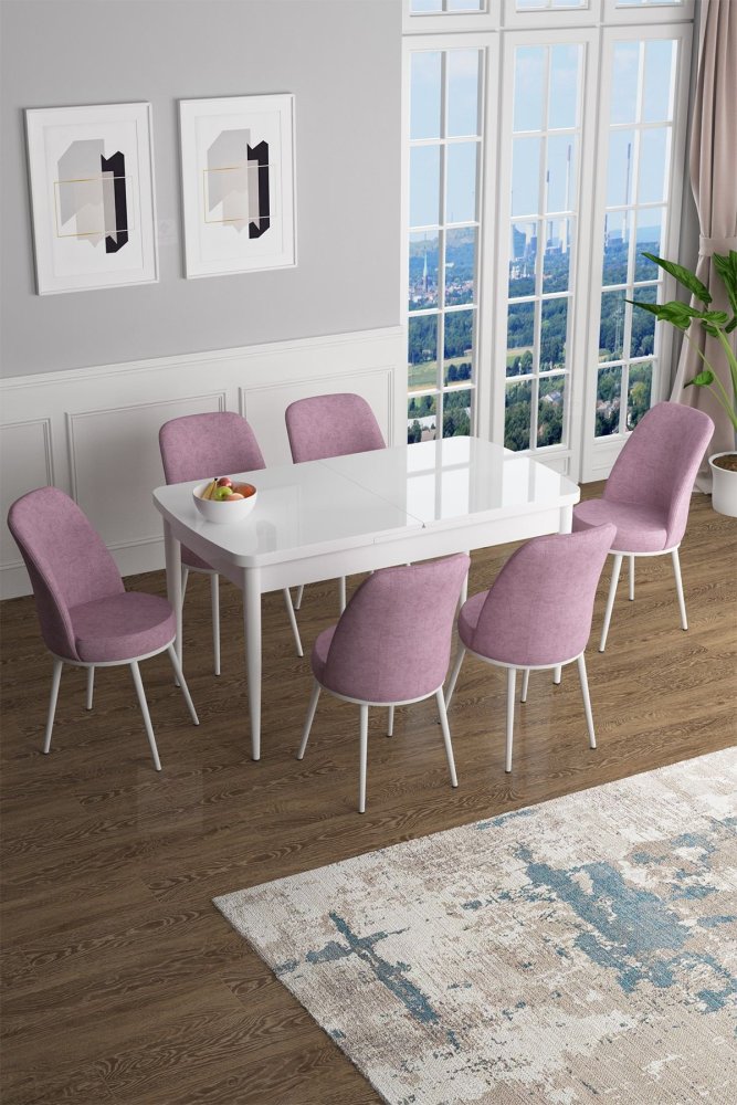 Extendable Dining Table & Chairs Set (7 Pieces) Han - White, Pink