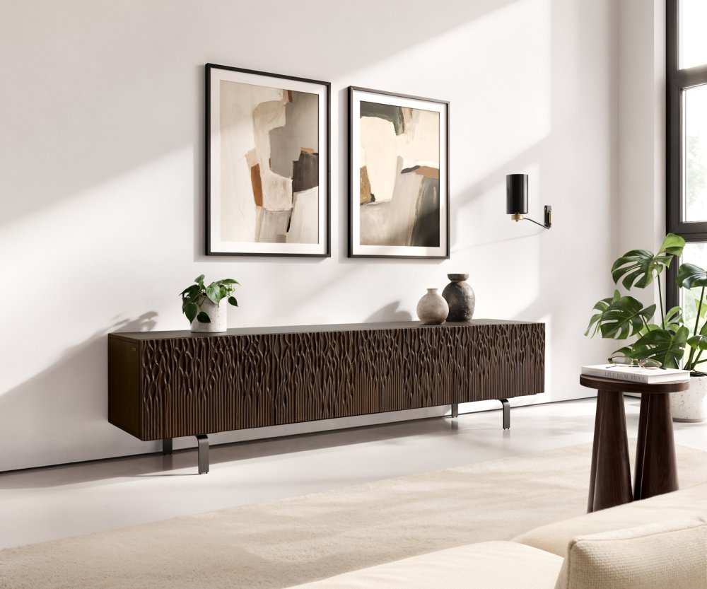 TV stolík Follia 200 cm mango hnedá 4 dvierka podstava v tvare L kov