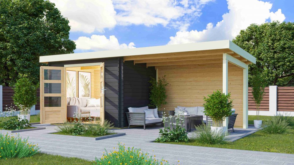 Drevený záhradný domček BASTRUP 3 s prístavkom Lanitplast