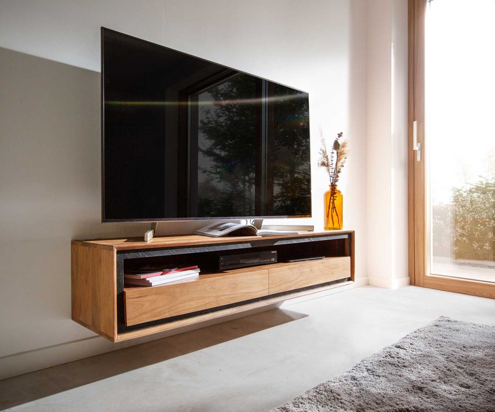 TV stolík Stonegrace 145 cm akácia prírodná 1 priehradka 2 zásuvky