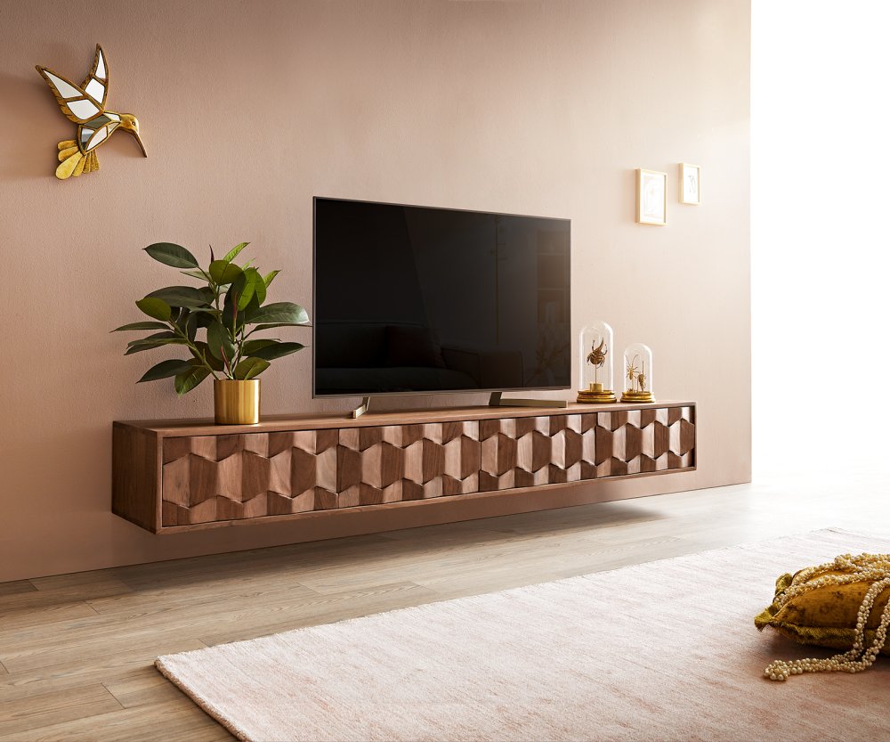 TV stolík Fevo 200 cm akáciová hnedá 4 dvierka na pántoch