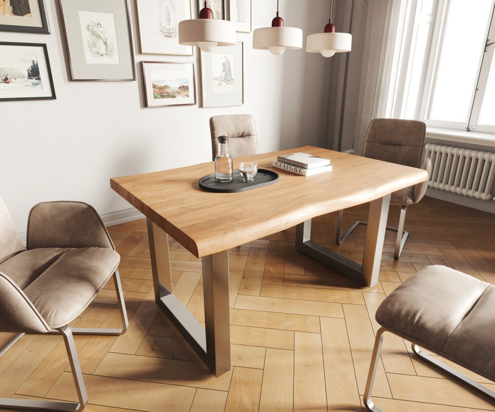 Jedálenský stôl Edge 140x90 XL Akácia prírodná nerezová oceľ široká