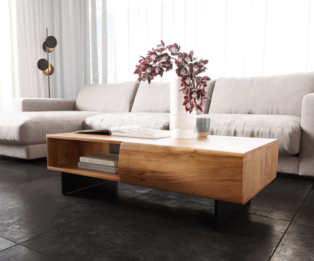 Konferenčný stolík New Live-Edge 115x60 cm prírodná akácia 2 zásuvky 1