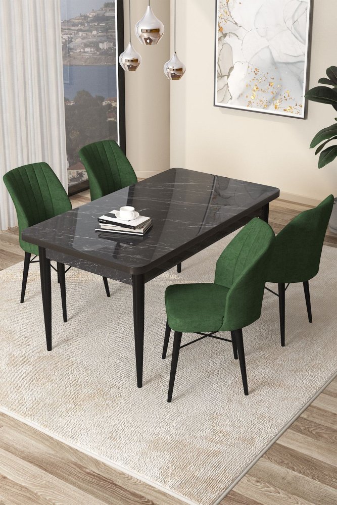 Dining Table & Chairs Set (5 Pieces) Arp - Black Marble, Khaki