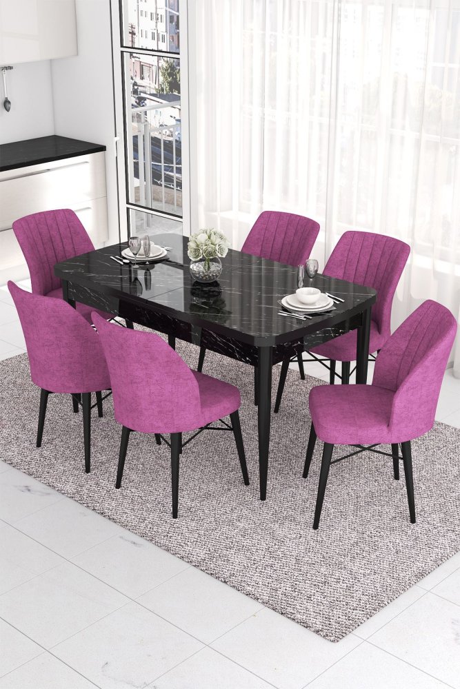 Extendable Dining Table & Chairs Set (7 Pieces) Eva - Black Marble, Purple