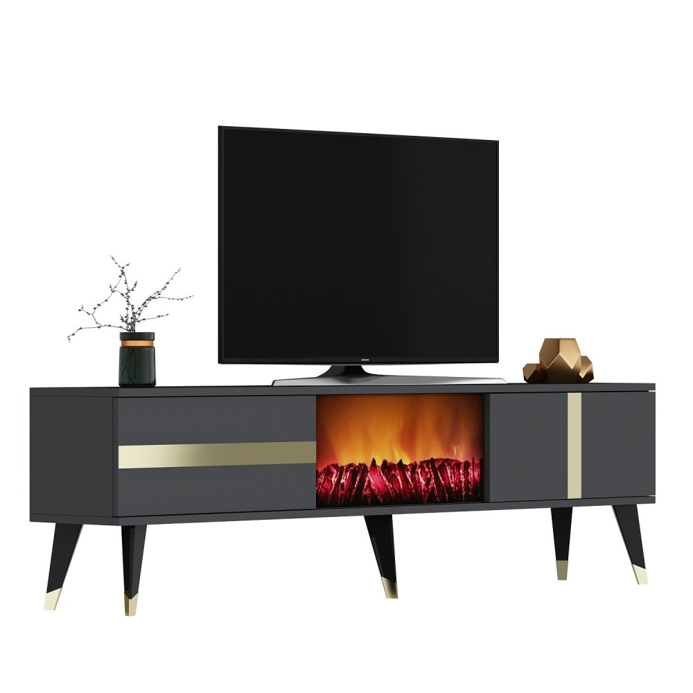 TV stolík Vania Fireplace - Anthracite, Gold