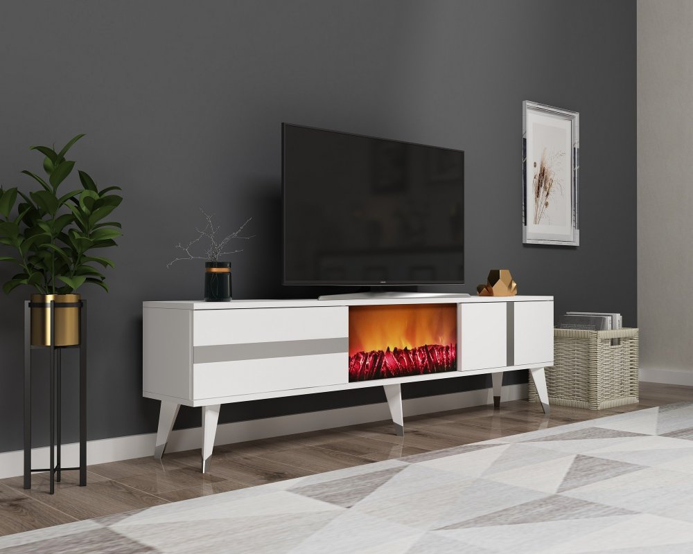 TV stolík Vania Fireplace - White, Silver