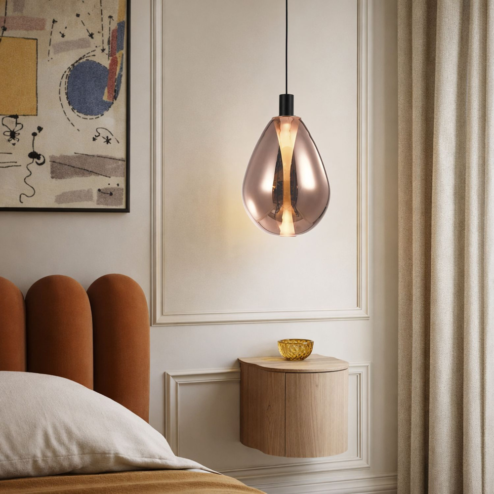 Levně Lampa wisząca Denso 20 szklana czarna z kloszem miedzianym nad stół