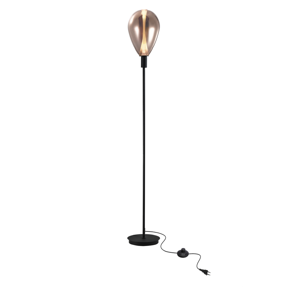 Lampa podłogowa Denso szklany klosz miedziany czarna metalowa do salonu