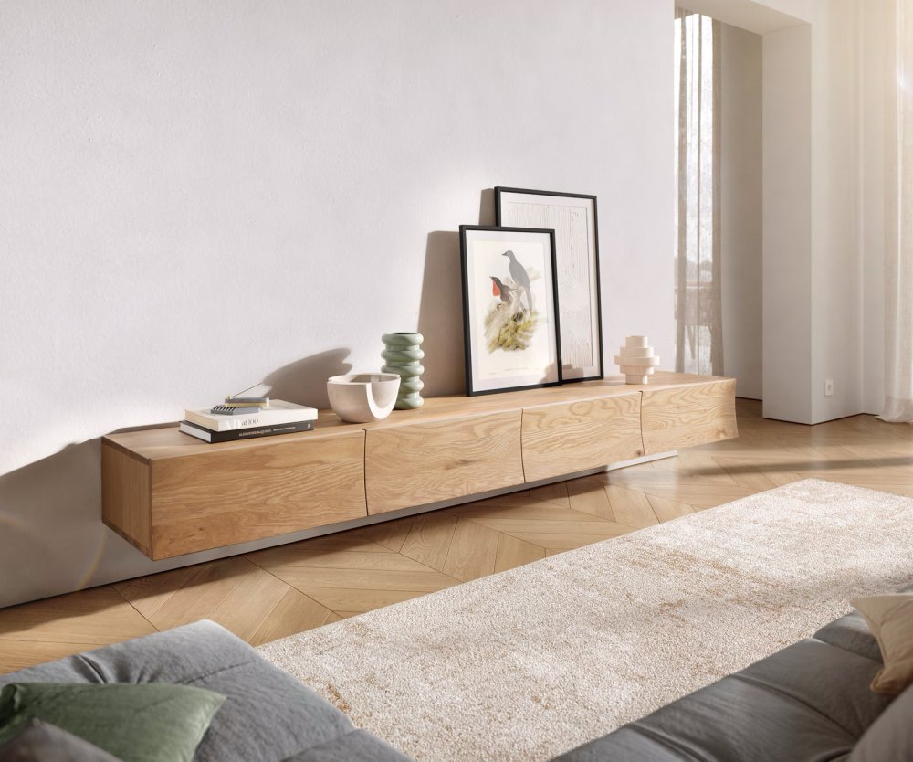 Prírodný dubový TV stolík Wyatt 220 cm 4 zásuvky na stenu