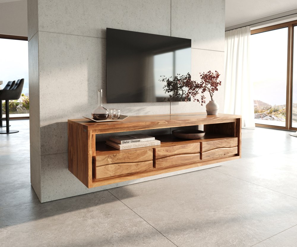 TV stolík Live-Edge 146 cm prírodná akácia 3 zásuvky 1 priehradka