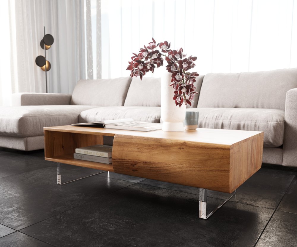 Nový konferenčný stolík Live-Edge 115x60 cm prírodná akácia 2 zásuvky