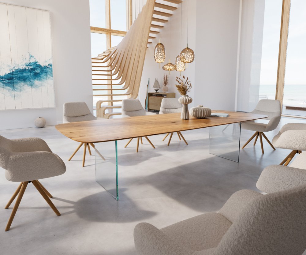 Jedálenský stôl Edge zaoblený 300x120x2,5-3 dub prírodný sklo