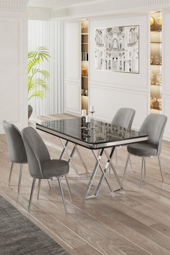 Dining Table & Chairs Set (5 Pieces) Vals - Black Marble, Chrome, Grey