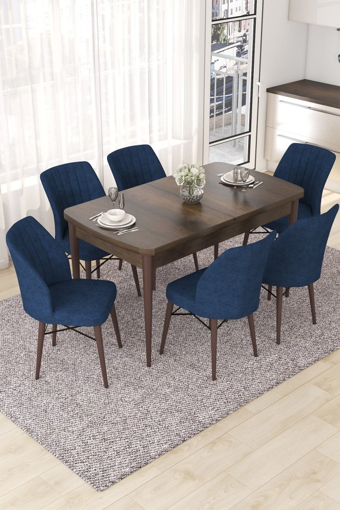 Extendable Dining Table & Chairs Set (7 Pieces) Nef - Baroque, Navy Blue