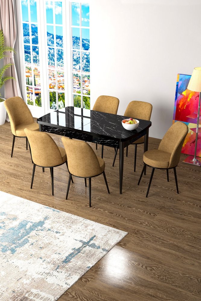 Extendable Dining Table & Chairs Set (7 Pieces) Zen - Black Marble, Cappuccino