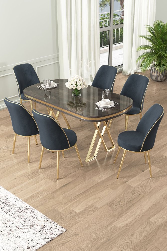 Dining Table & Chairs Set (7 Pieces) Lai - Anthracite, Gold