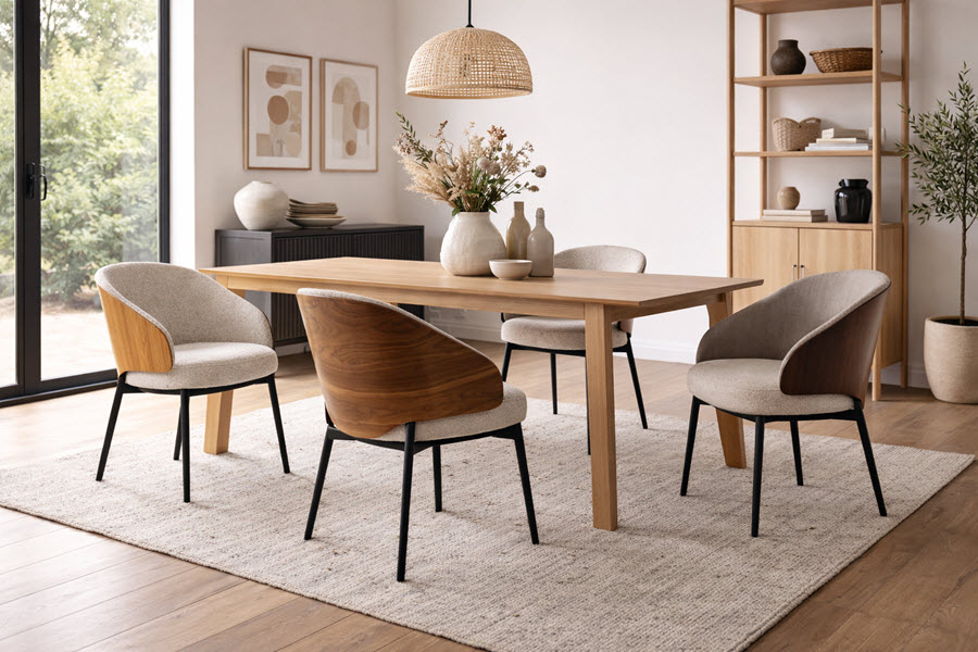 velurové jídelní židle v moderní jídelně