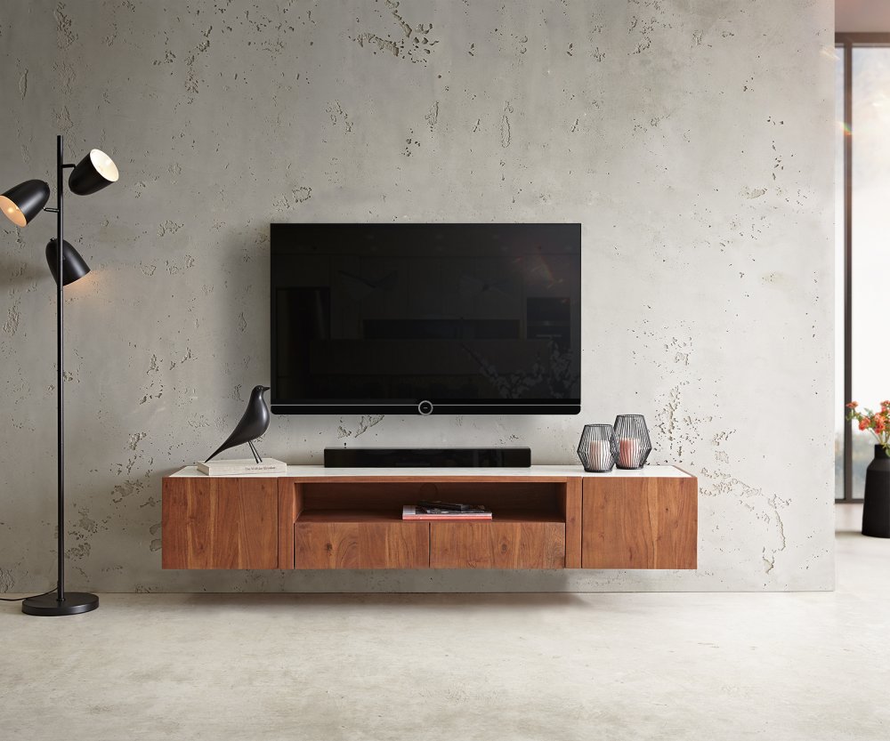 TV stolek Secara 175 cm akácie hnědá 2 dvířka 2 zásuvky mramor