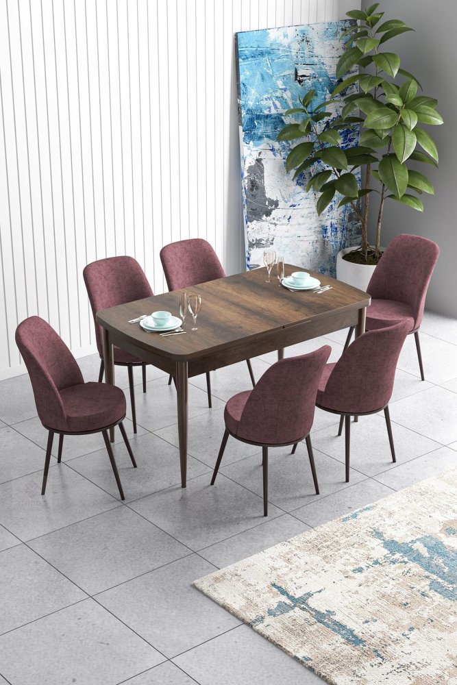 Extendable Dining Table & Chairs Set (7 Pieces) Han - Baroque, Dusty Rose