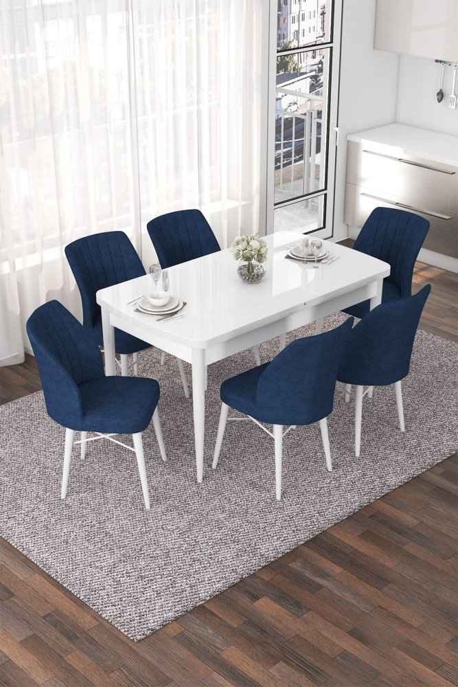Extendable Dining Table & Chairs Set (7 Pieces) Nef - White, Navy Blue