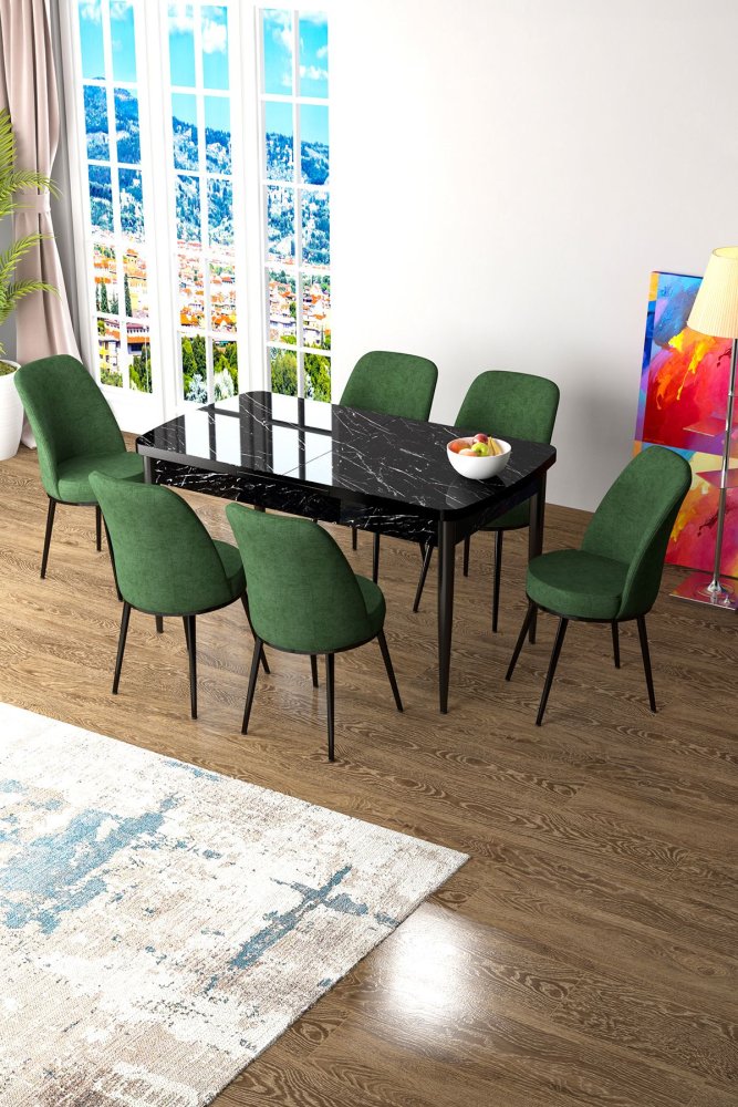 Extendable Dining Table & Chairs Set (7 Pieces) Zen - Black Marble, Khaki