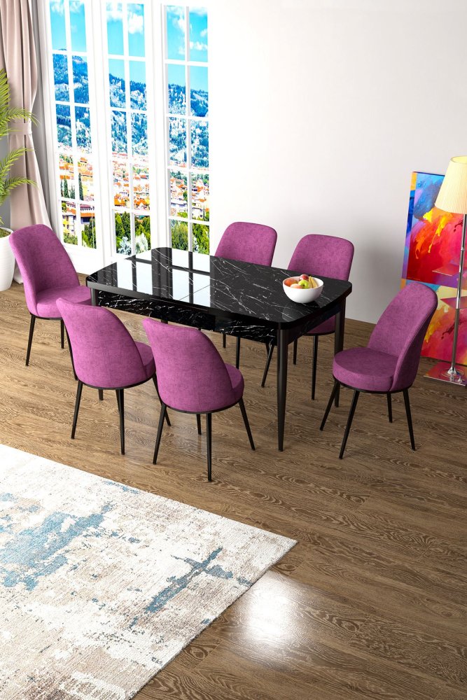 Extendable Dining Table & Chairs Set (7 Pieces) Zen - Black Marble, Purple