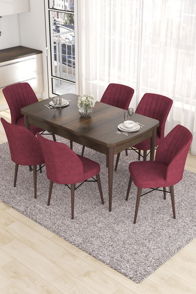 Extendable Dining Table & Chairs Set (7 Pieces) Eva - Baroque, Burgundy