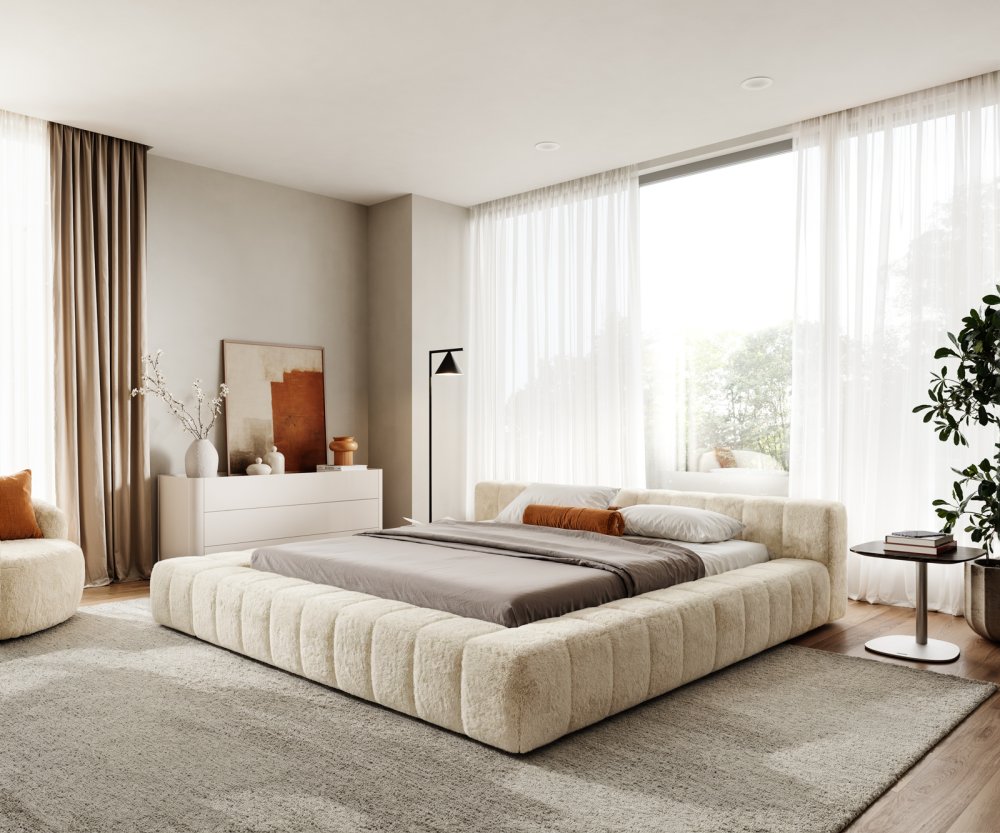 Čalúnená posteľ Espazio 180x200 cm plyšový manšester krémovo biela